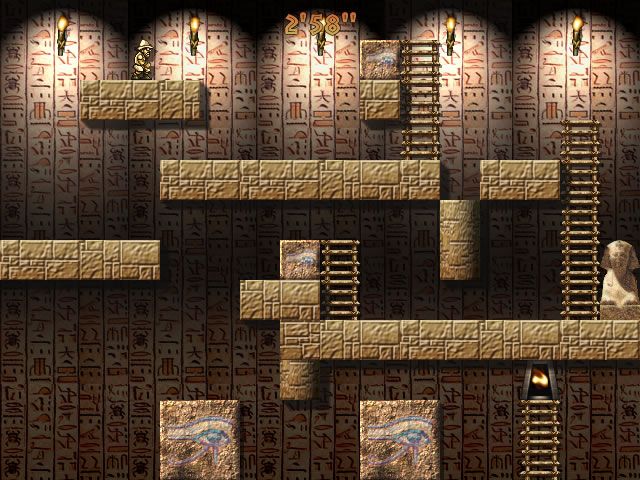 La Vallée Des Rois (Windows) screenshot: The aim of the game is to reach the dark portals by climbing ladders, avoiding enemies and moving blocks.