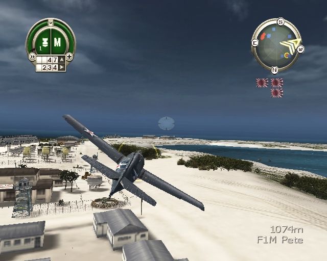 Heroes of the Pacific (PlayStation 2) screenshot: Wildcat buzzes Wake Island buildings