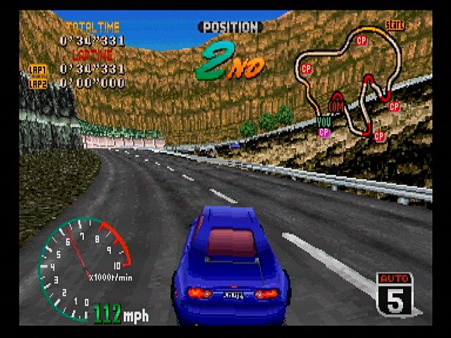 High Velocity: Mountain Racing Challenge (SEGA Saturn) screenshot: The game lets you see a long way down the course.