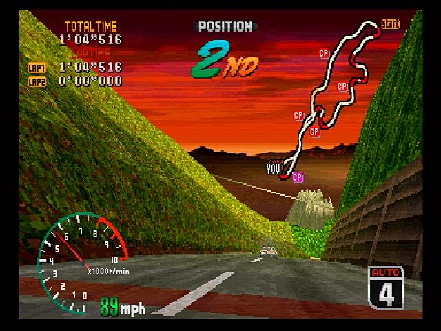 High Velocity: Mountain Racing Challenge (SEGA Saturn) screenshot: The in-car view.