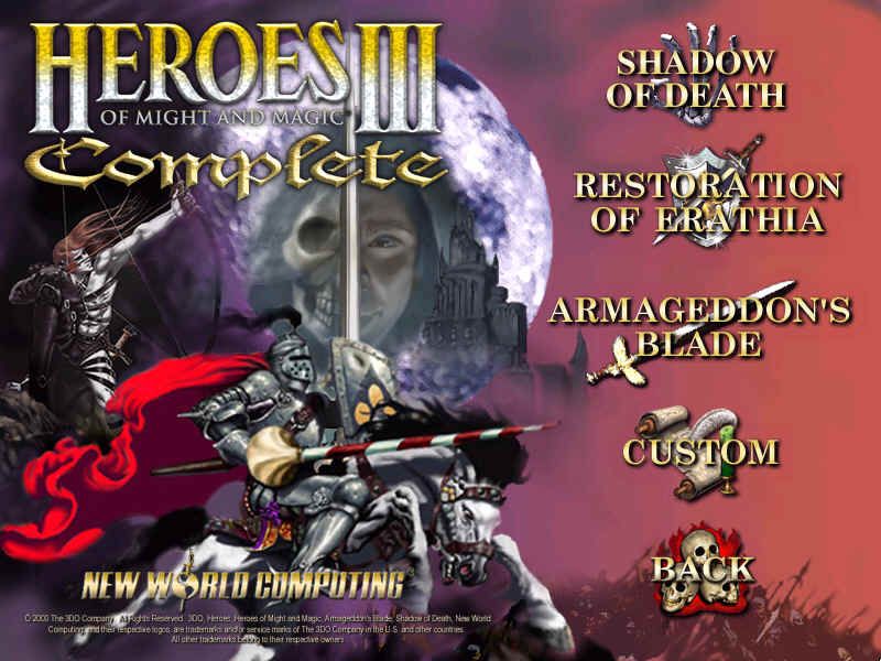 Heroes of Might and Magic III: Complete - Collector's Edition (Windows) screenshot: The main menu is changed to feature all three titles' elements. The campaign submenu allows access to all singleplayer campaigns from one place