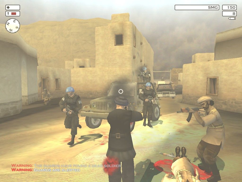 Hitman 2: Silent Assassin (Windows) screenshot: The local warlord, your primary target, is inside a bulletproof limo protected by heavily armed UN Troops. Shooting at the Blue Helmets gets you an automatic game over, but that was under the previous political climate.
