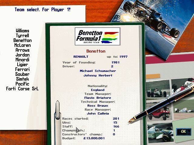 Team F1 (DOS) screenshot: When the menu screen clears the player is presented with a team selection menu. This is the Benetton team before Schumacher joined Ferrari.