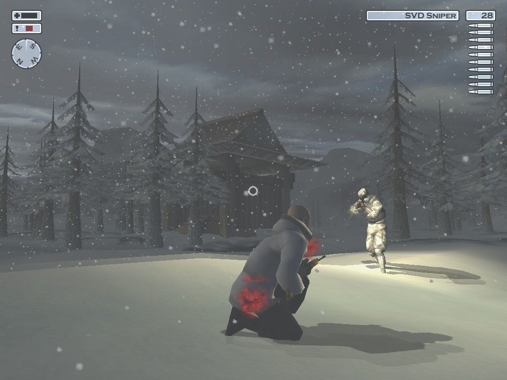 Hitman 2: Silent Assassin (Windows) screenshot: Be wery, wery quite! I'm hunting Ninjas! The Japanese Snow Level valleys are annoying devoid of anything except snow, ninjas, and combat. I thought IO promised us no more Columbia-style missions?