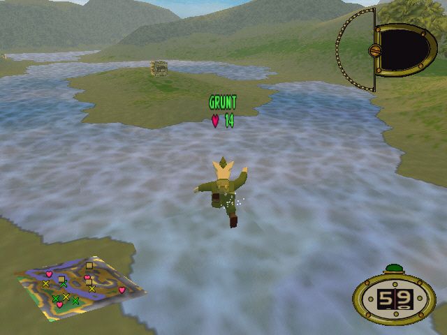 Hogs of War (Windows) screenshot: Swimming for shore (+ammo) health depletes in water