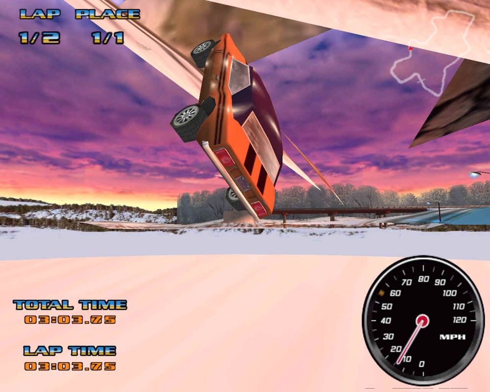 Hot Chix 'n' Gear Stix (Windows) screenshot: Falling down from a ROCKY (!) mountain -what a sunset this big boy hides, eh?