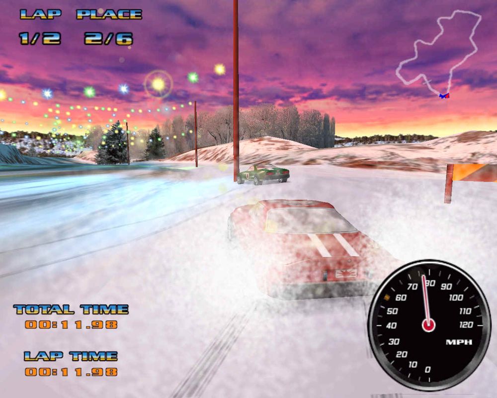 Hot Chix 'n' Gear Stix (Windows) screenshot: A tough power slide right into the snow off the track