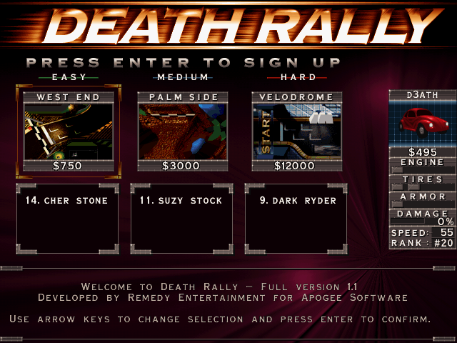 Death Rally (DOS) screenshot: Choose racing level