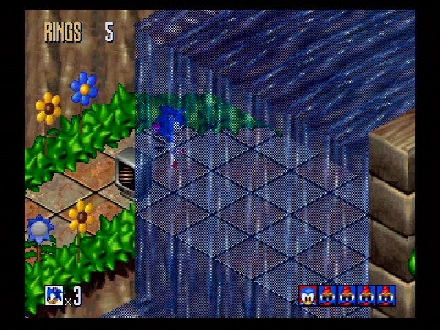 Sonic 3D Blast (SEGA Saturn) screenshot: The waterfall doesn't look so good wiithout transparency.