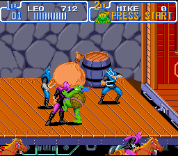 Teenage Mutant Ninja Turtles: Turtles in Time (SNES) screenshot: The Wild West stage takes place on a train