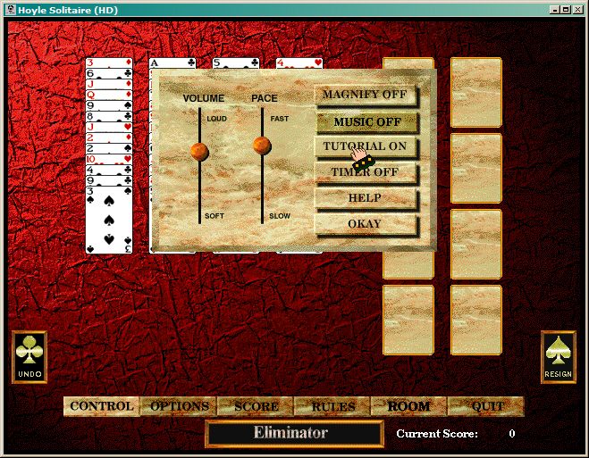 Hoyle Solitaire (Windows) screenshot: Eliminator and the Control window