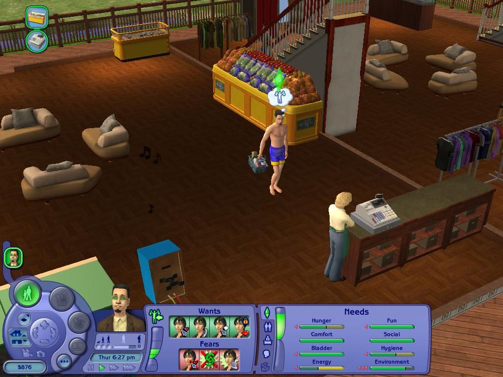 The Sims 2 (Windows) screenshot: You need groceries to refill your fridge, which you can buy at a store, order online, or call for delivery. No groceries...empty fridge...no food.