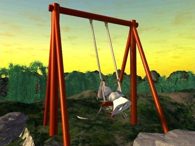 The Legend of Lotus Spring (Windows) screenshot: Lotus Spring on a swing atop a hill