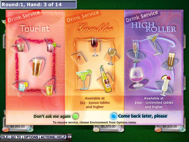 Hoyle Casino 2004 (Windows) screenshot: Free drinks are common in the Hoyle virtual casino... the more money you spend, the better the drink