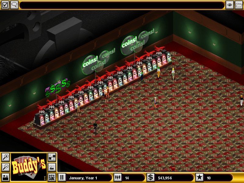 Hoyle Casino Empire (Windows) screenshot: Slot Machines are cheap, so it's a good first buy. Here I've placed a large row of back-to-back machines.