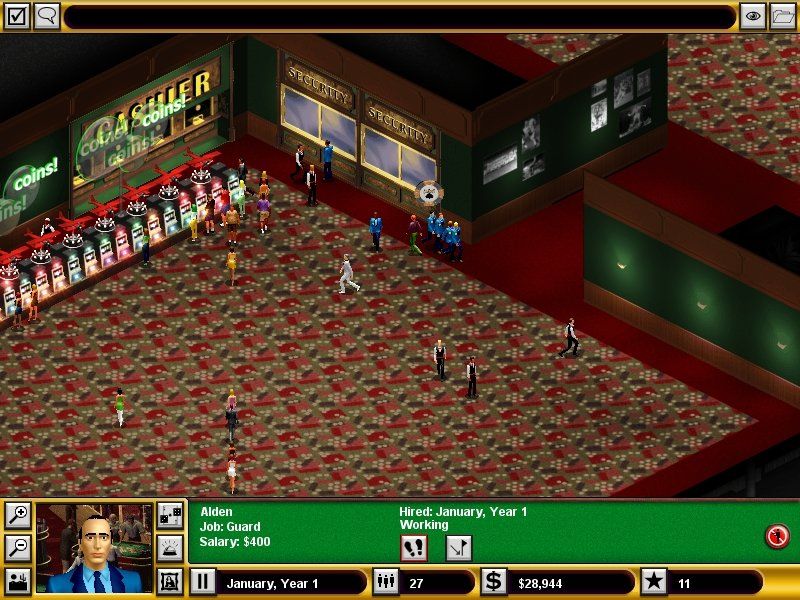 Hoyle Casino Empire (Windows) screenshot: Security rooms allow you to hire guards, while cashier booths allow patrons to get money.