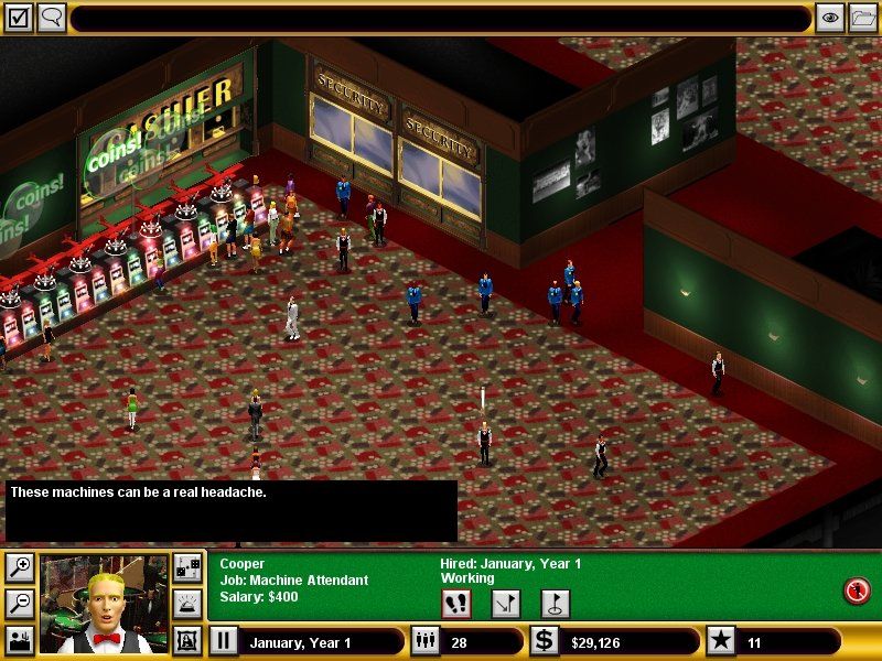 Hoyle Casino Empire (Windows) screenshot: This Machine Attendant comes from the cashier's booth and repairs your games.