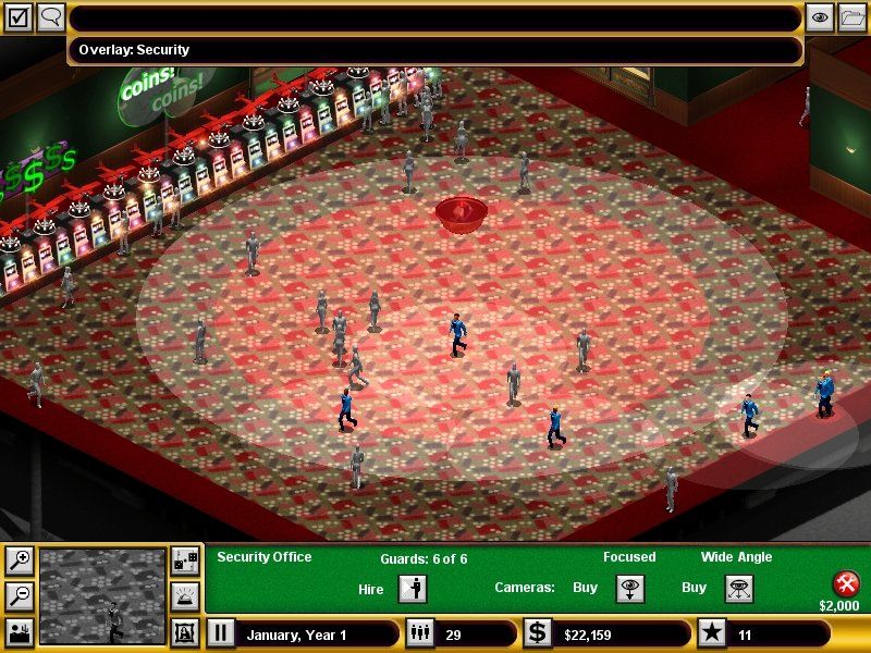 Hoyle Casino Empire (Windows) screenshot: This is what the security camera sees; the highlighted section is where I will place my tables (blackjack, poker, etc.).