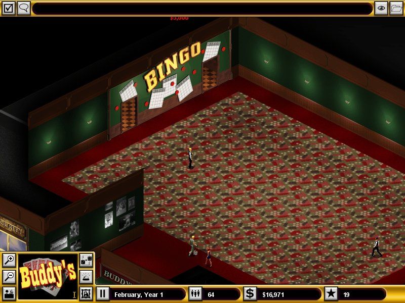 Hoyle Casino Empire (Windows) screenshot: A Bingo parlour is the first building in my not yet developed area.