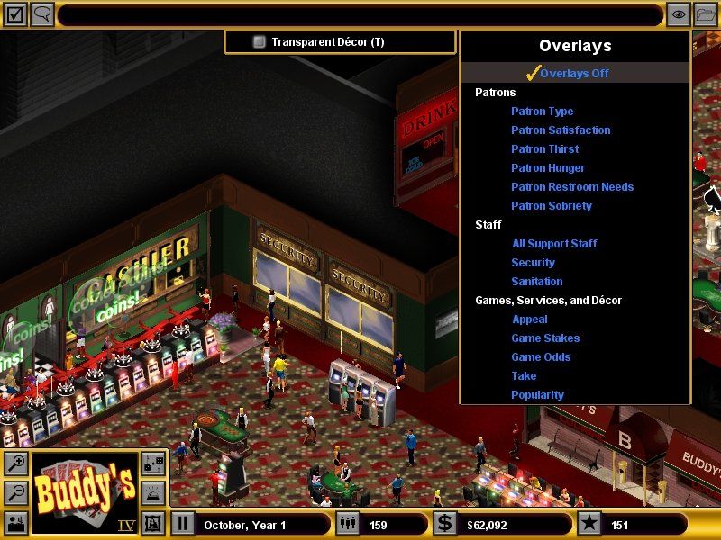 Hoyle Casino Empire (Windows) screenshot: Various overlays are available to provide information on your casino's operation.