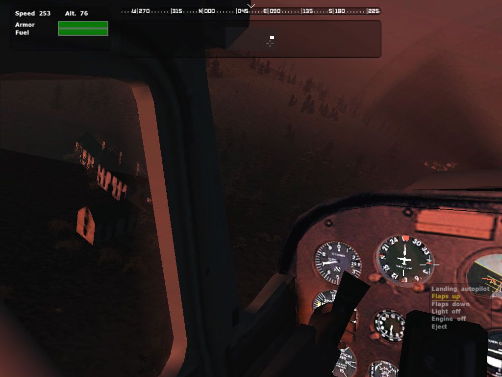 Operation Flashpoint: Cold War Crisis (Windows) screenshot: Flying in a civilian plane over the ruins of a village.