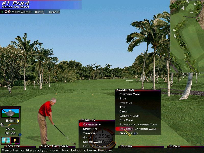Links LS 2000 (Windows) screenshot: On the tee at the first hole. Moving the mouse to the bottom of the screen brings up a menu bar with lots of options. Here the reverse landing camera is being selected.