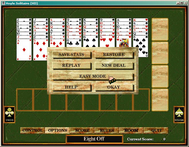 Hoyle Solitaire (Windows) screenshot: Eight Off and the Options window