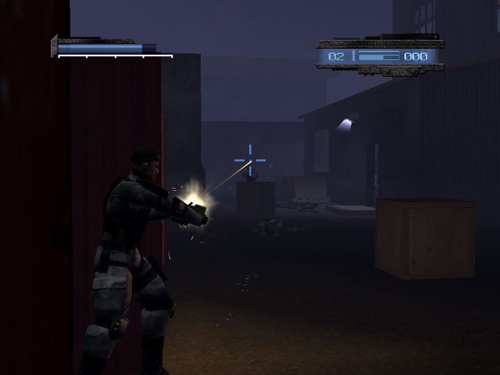 kill.switch (Windows) screenshot: Blindfiring from behind some crates.