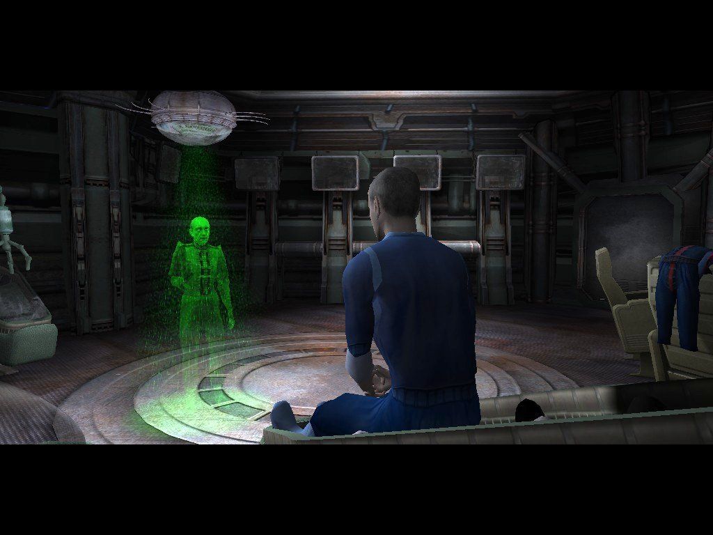 Mysterious Journey II: Chameleon (Windows) screenshot: You awake with no memory and a hologram taunting you.