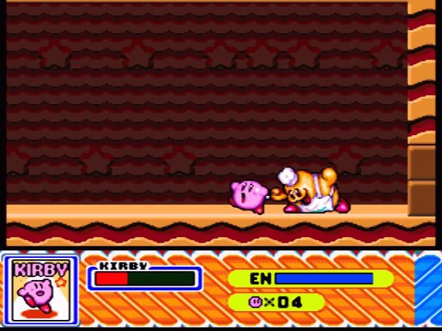 Kirby Super Star (SNES) screenshot: This boss is quite nasty: if he inhales Kirby, the game is over