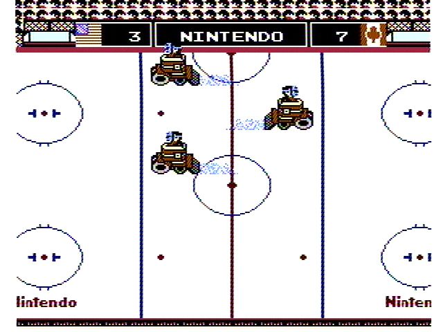 Ice Hockey (NES) screenshot: The zambonies at halftime
