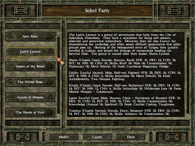 Icewind Dale II (Windows) screenshot: You can choose to create a new party or use one of the pre-made ones