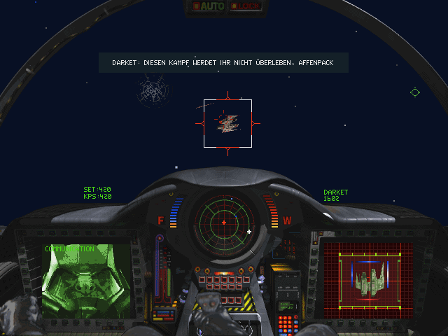 Wing Commander III: Heart of the Tiger (DOS) screenshot: Communicating with Kilrathi pilots can be funny sometimes