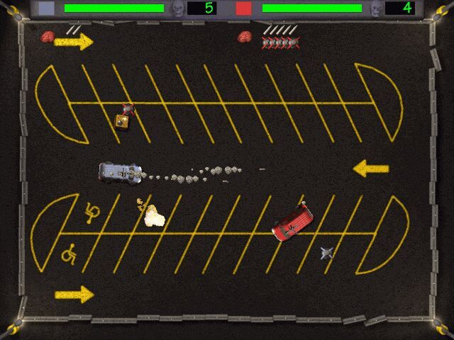Super Duelling Minivans (Windows) screenshot: There are four different arenas, here is the first one while we are missing our missiles