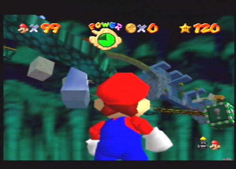 Super Mario 64 (Nintendo 64) screenshot: The first bowser level. Viewed from below.