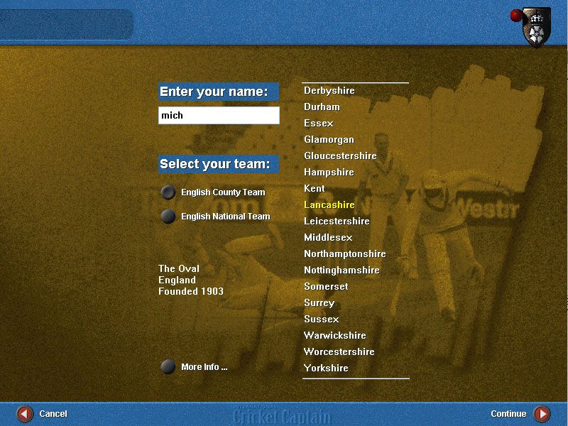 International Cricket Captain (Windows) screenshot: Enter your name and select your team screen