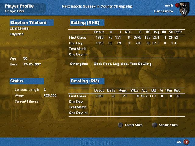 International Cricket Captain (Windows) screenshot: Player profile screen