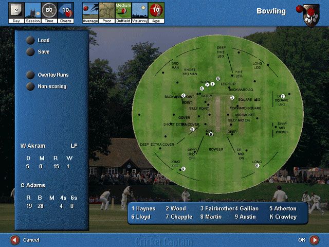 International Cricket Captain (Windows) screenshot: ingame :field settings for bowler