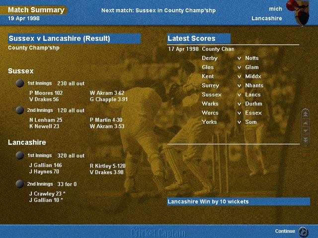 International Cricket Captain (Windows) screenshot: End of match : Match summary