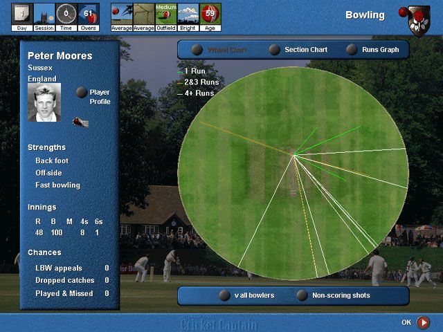 International Cricket Captain (Windows) screenshot: Bowling: were runnings were scored