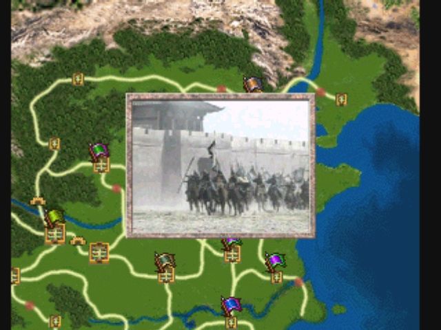 Romance of the Three Kingdoms IV: Wall of Fire (PlayStation) screenshot: Videos capture many of the game's events, such as when this army bravely rushes out from behind its city's walls to stop you.