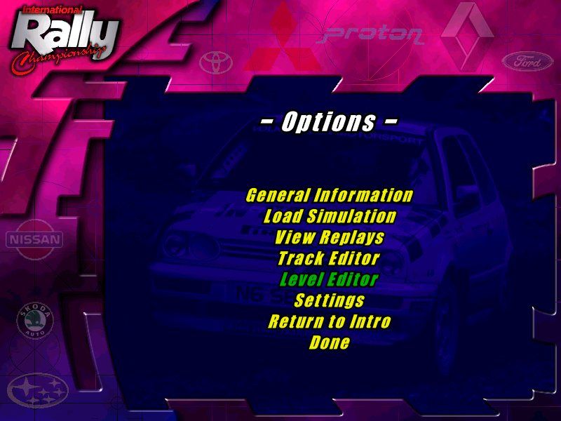 International Rally Championship (Windows) screenshot: Options menu