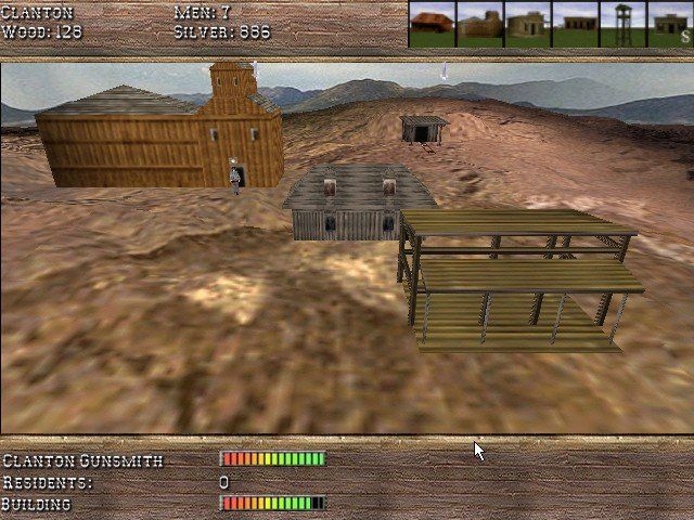 Tombstone 1882 (Windows) screenshot: On the surface, this might be a western Warcraft. Chop wood, mine silver, build a stable etc...