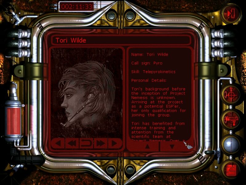 Abomination (Windows) screenshot: Character information, including brief introduction and stats. This is "Pyro", a special agent with Tele-pyrokinetic ability (think Drew Barrymore's character in Fire Starter)