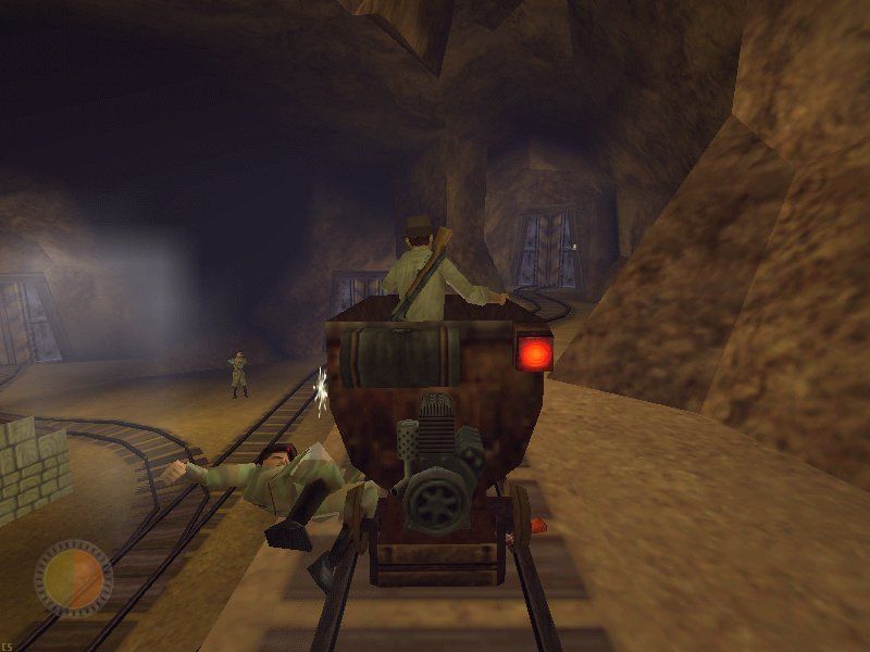 Indiana Jones and the Infernal Machine (Windows) screenshot: Running over russians with the mine car is even more fun!