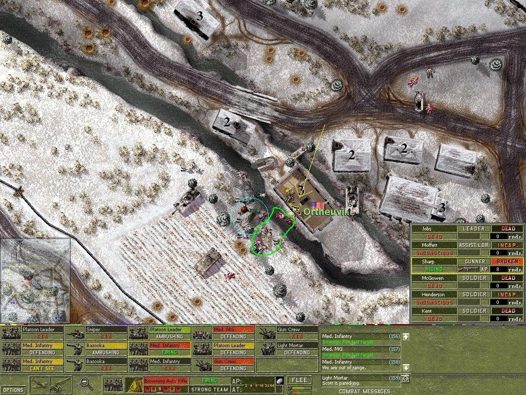 Close Combat: The Battle of the Bulge (Windows) screenshot: Unbelievably, this one US soldier indicated (yellow arrow) was able to wipe out a whole German unit (green) AND destroy the halftrack (blue) before running out of ammo & surrendering to the German Heavy Infantry unit closing in.