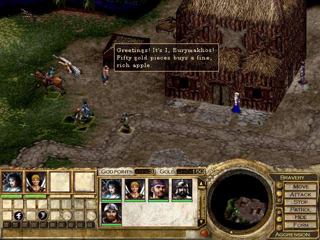 Invictus: In the Shadow of Olympus (Windows) screenshot: You'll meet merchants, armorers, and special traders in your travels. This one sells valuble golden apples, healing for your troops.