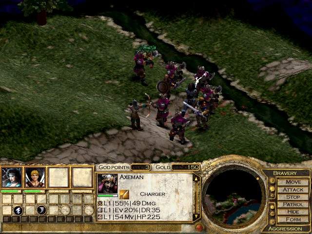 Invictus: In the Shadow of Olympus (Windows) screenshot: A pitched combat with a bunch of raiders. Your troops have the advantage of heroes on their side, and the levels they gain as they progress through the game.