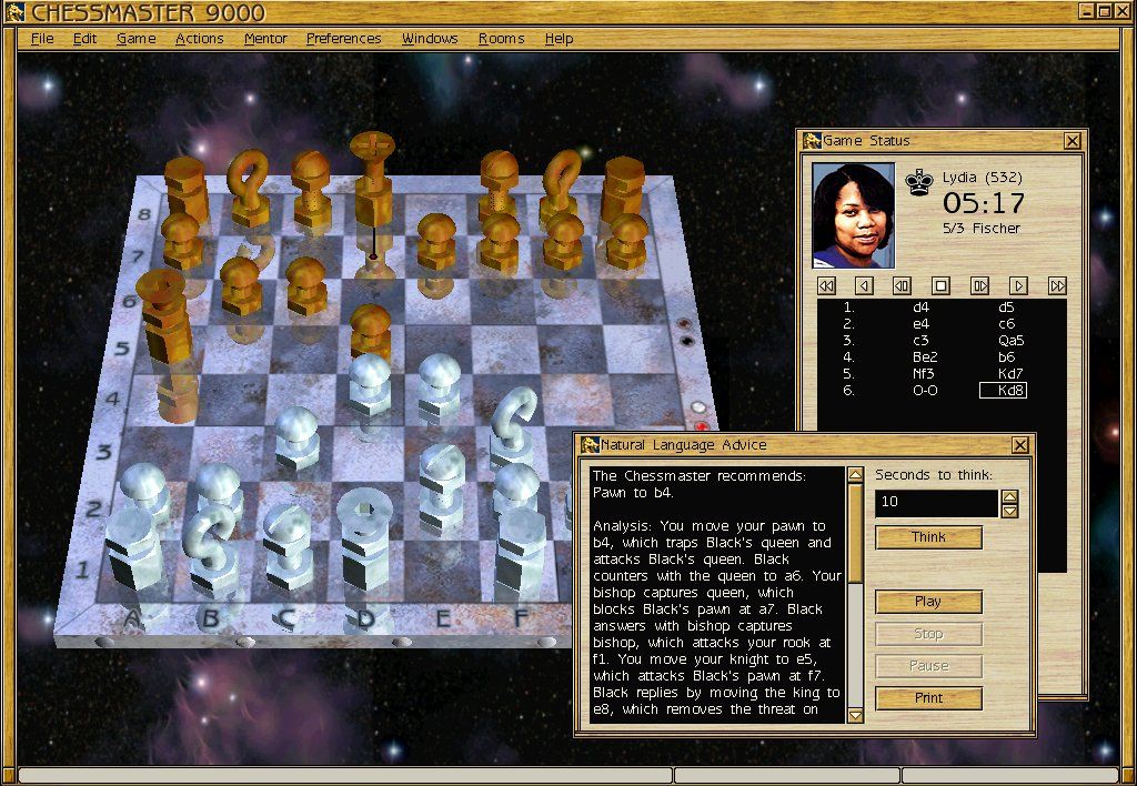 Chessmaster 9000 (Windows) screenshot: If you're not sure what move to play next, you can ask the Chessmaster for advice