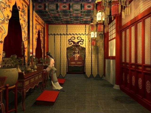 The Legend of Lotus Spring (Windows) screenshot: Lotus Spring kneels to pray in the Buddhist Temple